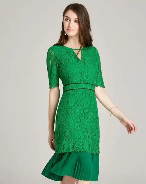 zimmur莱赛尔墨绿色七分袖v领收腰高端精致蕾丝连衣裙