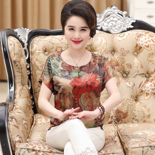 妈妈夏装短袖真丝t恤中老年女装香云纱桑蚕丝上衣老人奶奶装洋气