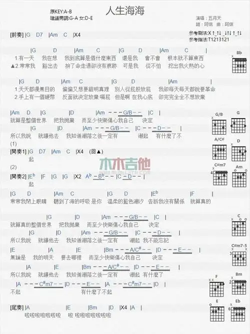 人生海海吉他谱_五月天_六线谱_图片谱_木木吉他网