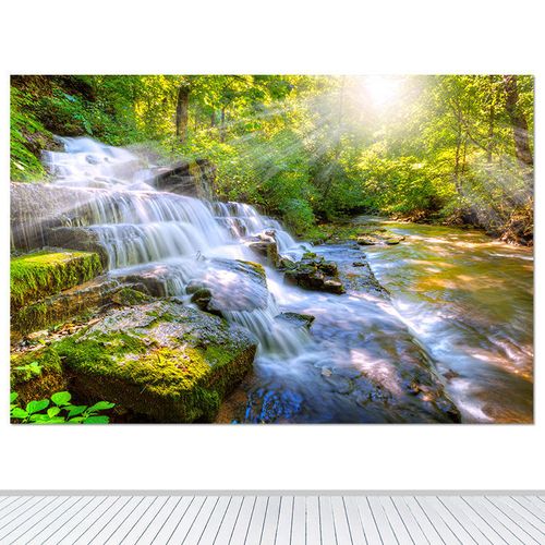 高山瀑布流水自然风景画招财风水墙贴装饰画树林阳光山水壁画定制