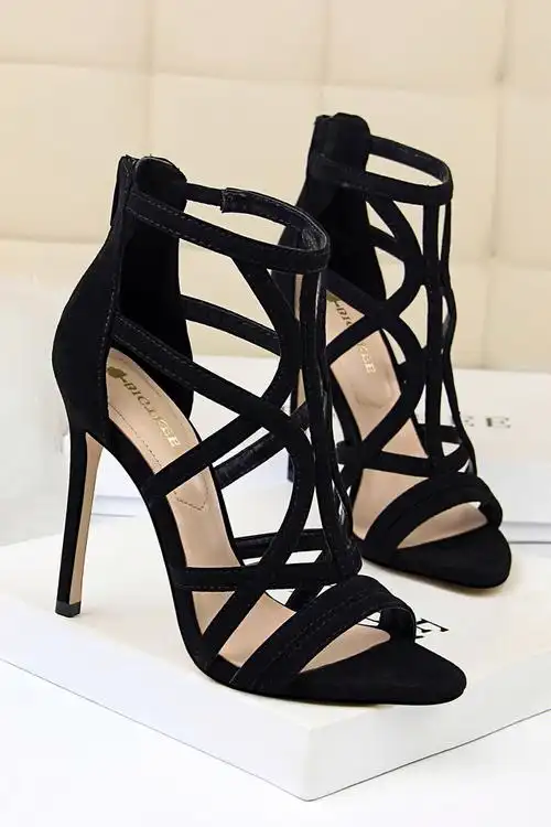 夏季新款 strong>高跟鞋 /strong>欧美细跟超高跟女鞋绒面镂空罗马鞋