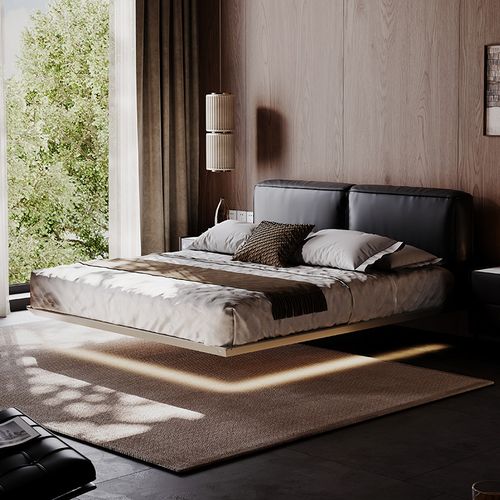 意式真皮悬浮床轻奢现代简约诧寂风主卧实木软靠双人齐边床小户型