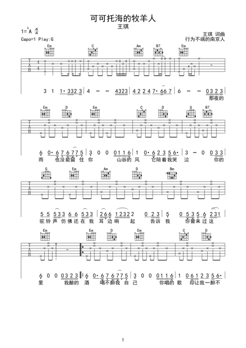 王琪可可托海的牧羊人吉他谱