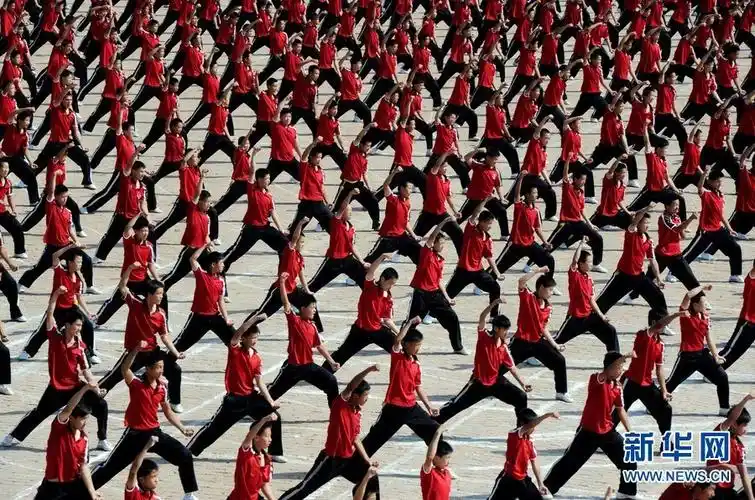 少林寺塔沟武校举行万人武术表演拼巨幅国旗