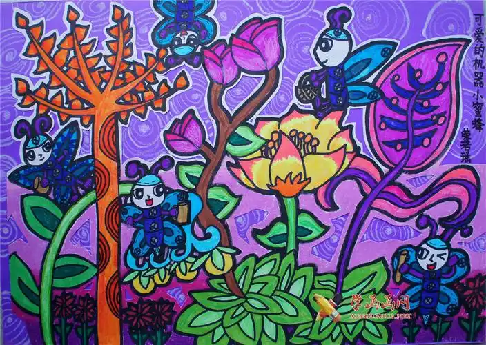三年级小学生科幻画作品《可爱的机器小蜜蜂》
