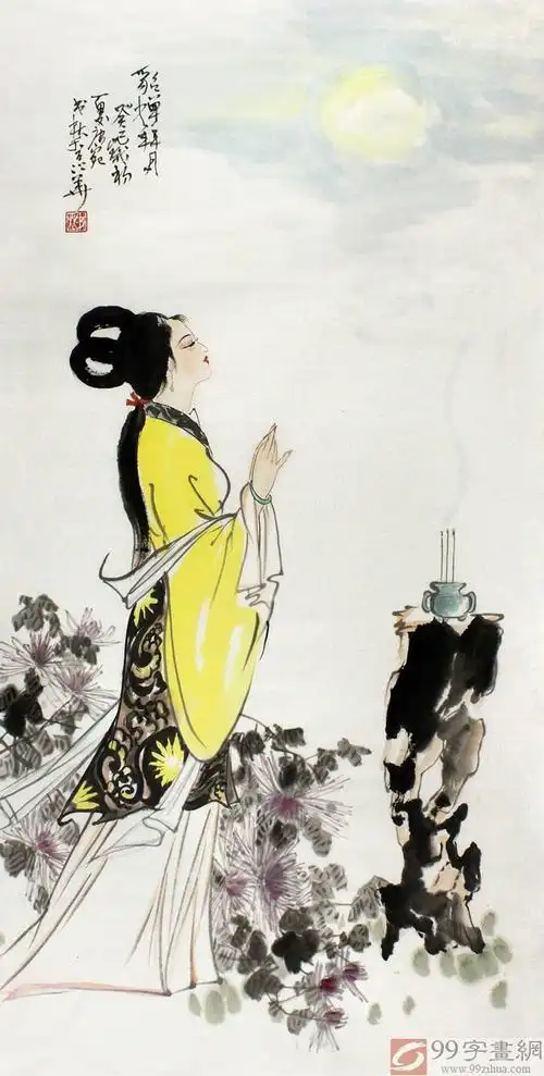 已售河南美协董书林三尺仕女国画貂蝉拜月