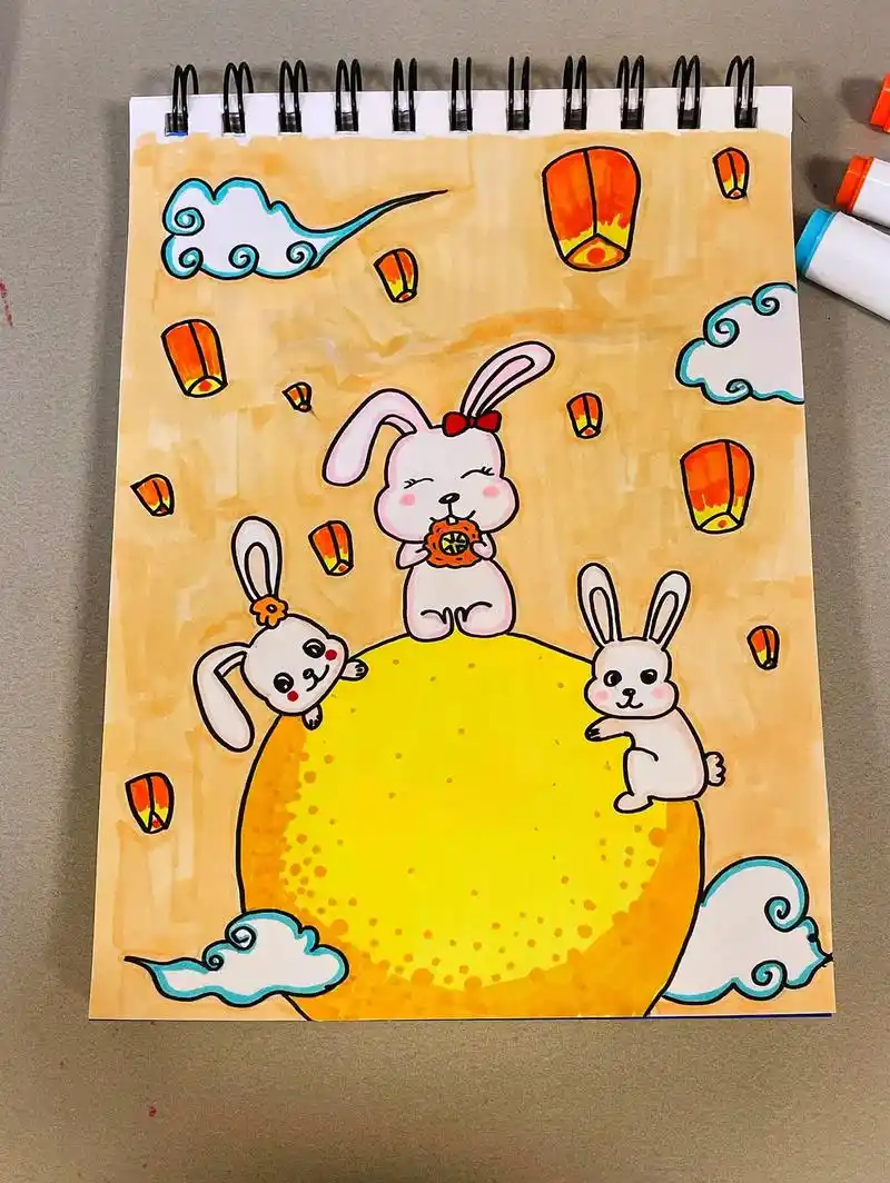 中秋节主题画.一起看看你喜欢哪一幅吧#中秋节绘画 #幼儿创意 - 抖音