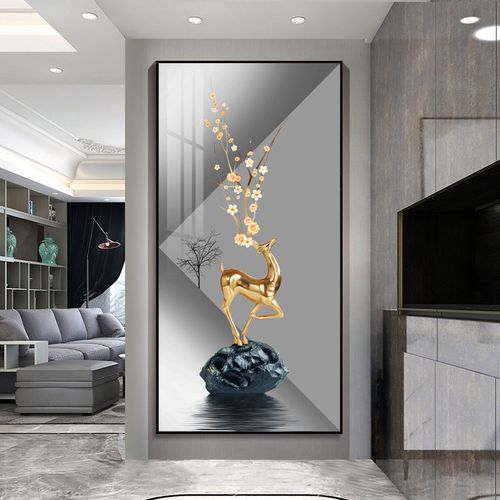 迎新必备北欧入户玄关装饰画轻奢大气走廊过道竖版壁画抽象客厅麋鹿晶