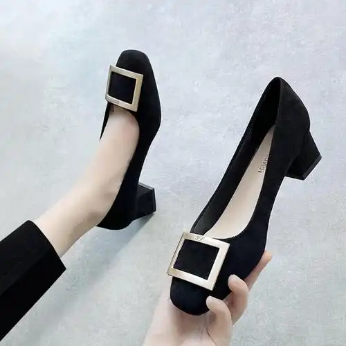 名兰百丽工装鞋女黑色通勤方头磨砂单皮鞋夏季配西装西裤的正装职