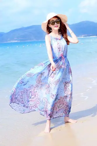 2015夏季雪纺连衣裙新款系带中长款波西米亚长裙复古无袖女 批发