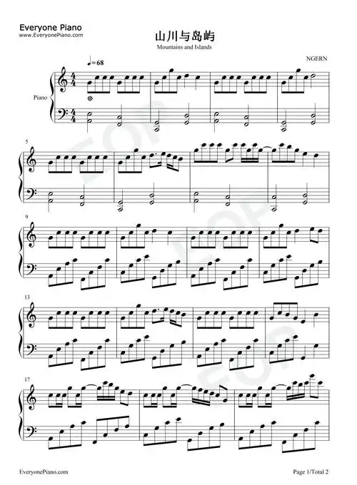 山川与岛屿-钢琴曲-c调简单版五线谱预览1