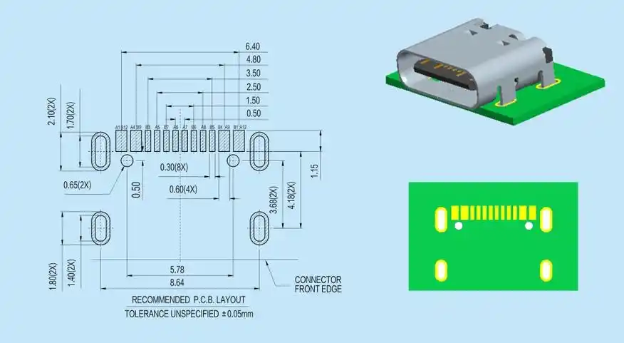mup-u20401 usb type c rec 顶部安装类型 16 针,带支架 l = 7.35