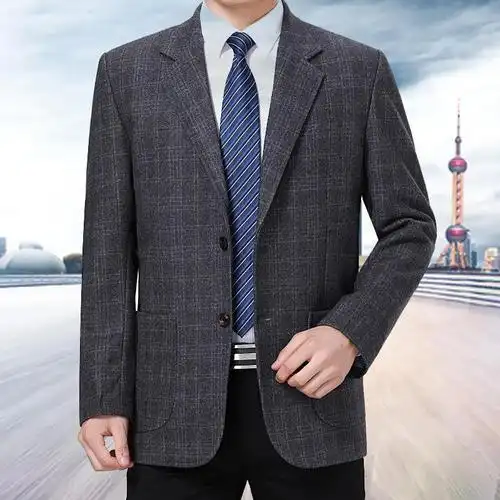 迪鲁奥diluao春秋中老年男士羊毛呢西服外套男厚款中年西装上衣爸爸装