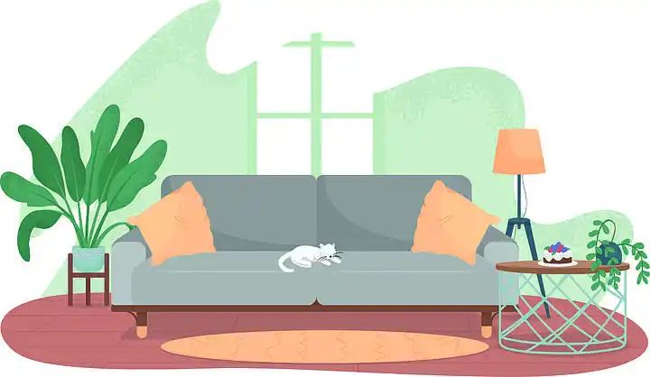 灰色沙发上的猫.舒适的生活区.当代公寓平面场景卡通背景.