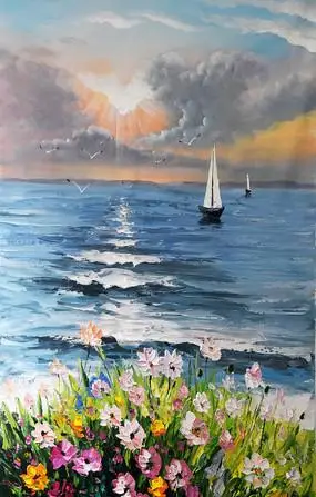 手绘海上日出一帆风顺油画装饰画