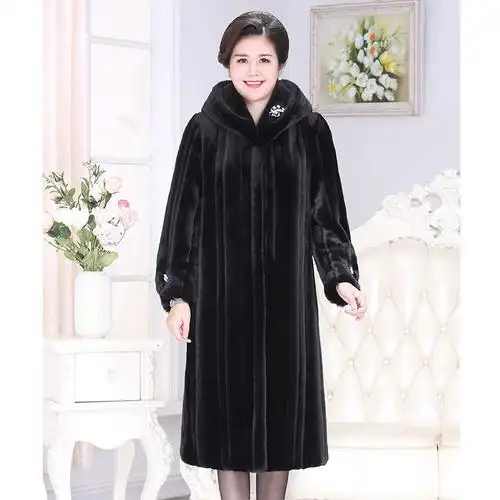 貂皮大衣女中长款过膝加厚大码妈妈装水貂绒外套中老年连帽皮草冬