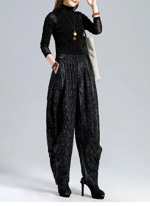 布琳达时尚灯笼裤女2021秋冬宽松大码休闲提花褶皱哈伦舞蹈裤大裆文艺