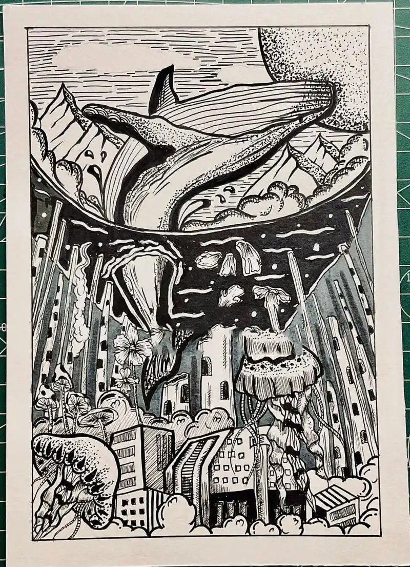 黑白装饰画93超治愈线描16/10093海底 后续完整稿来咯!