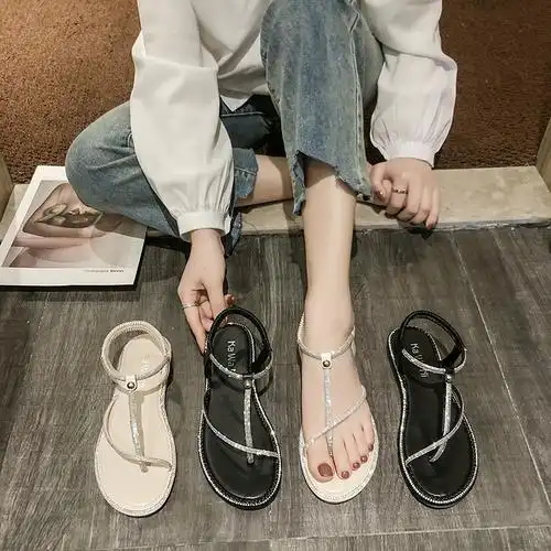 小香夹脚凉鞋女2020年新款女鞋夏季新品仙女风鞋子平底水钻罗马鞋