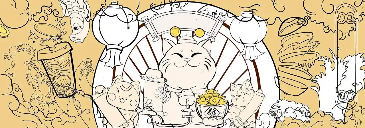 原创作品插画商业插画国潮招财猫扁平面插画墙绘柠檬茶装饰插画作品