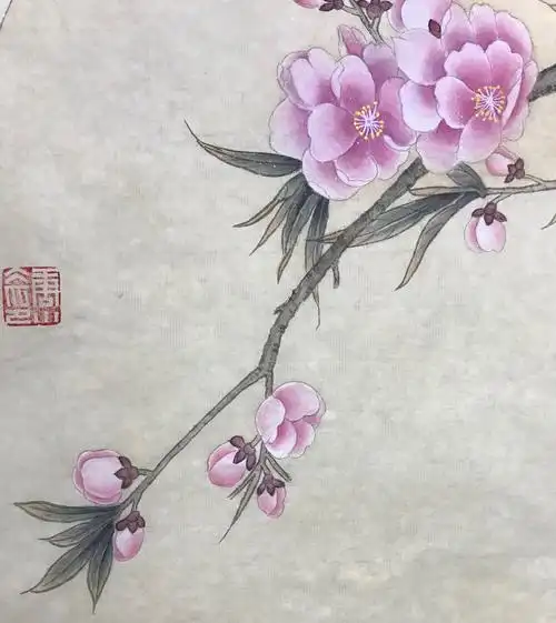 蓝紫工笔花鸟画:《太平桃花图》