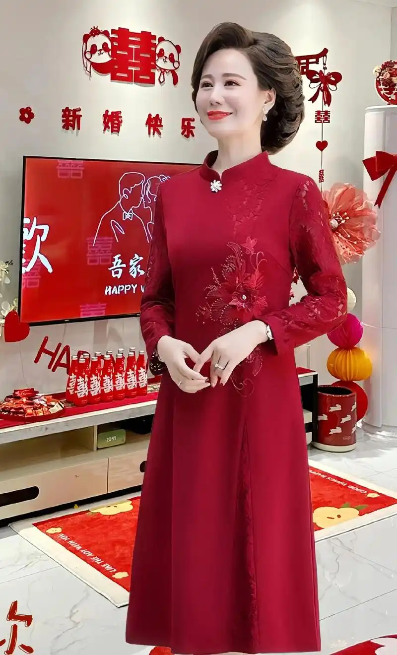 喜婆婆红色婚宴礼服中老年女春秋高贵旗袍.#图文种草机 春秋喜 - 抖音