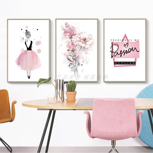 ins热销现代简约粉色少女花卉装饰画芯人物背影壁挂画字母 画心