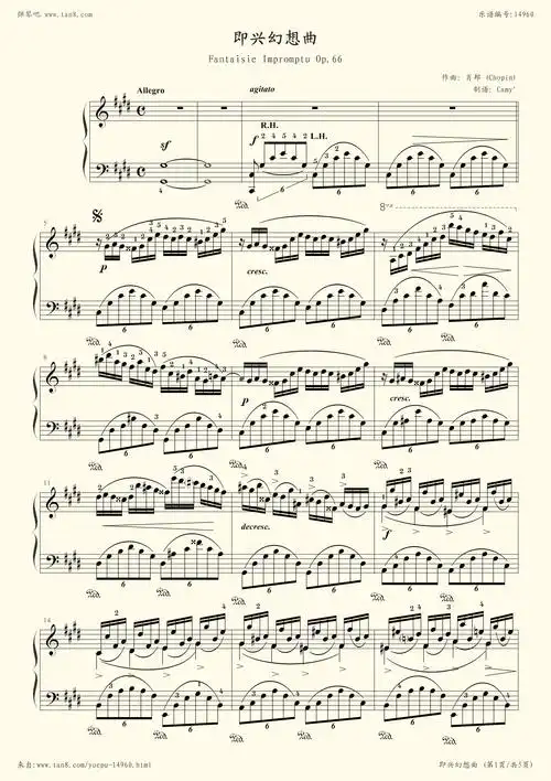 《幻想即兴曲,钢琴谱》op.66,带指法,肖邦-chopin|弹琴吧|钢琴谱|吉他