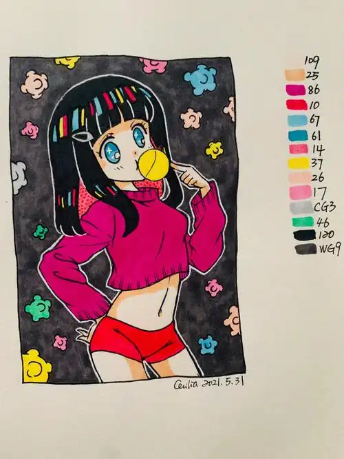 泡泡糖女孩马克笔简单临摹手绘卡通步骤