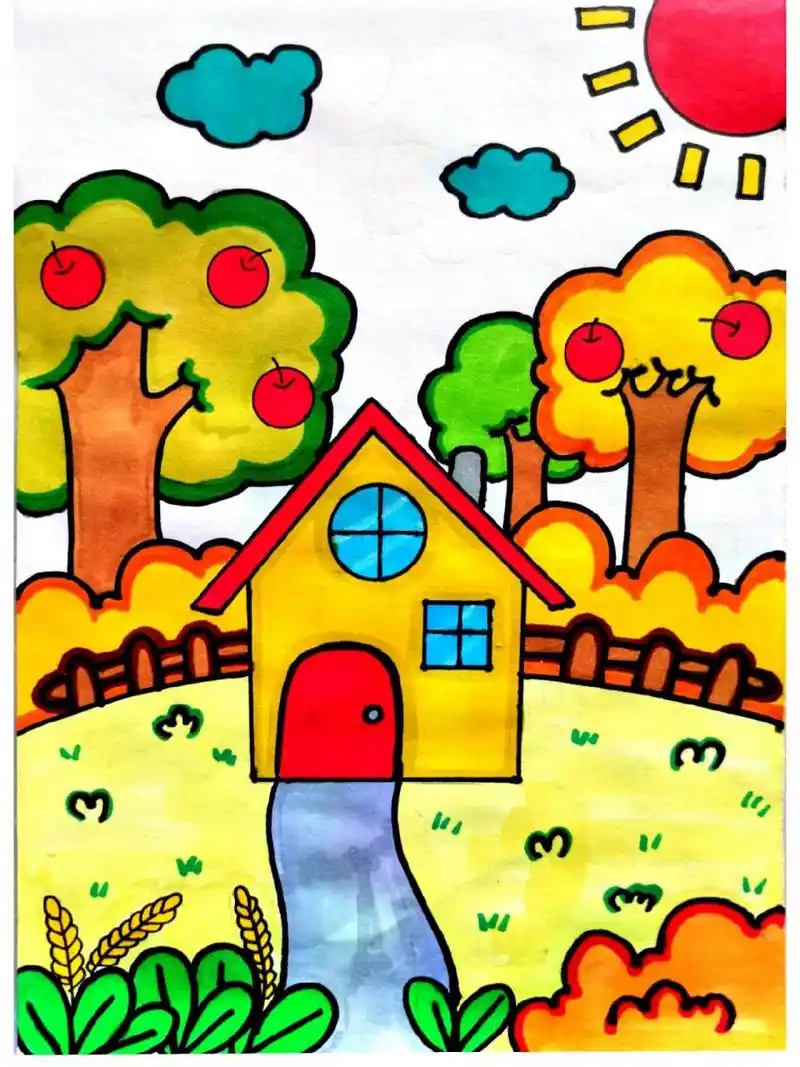 秋天风景简笔画,小房子主题简笔画 秋天风景简笔画,小房子主题简笔画