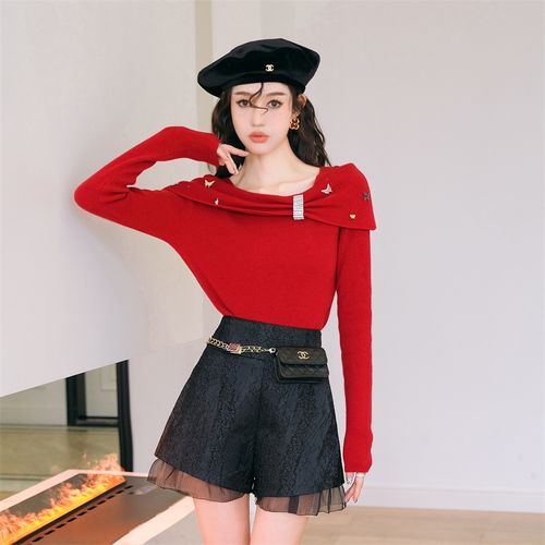 【现】dianavevina官方授权银片蝶水钻一字肩毛衣黑色短裤秋新品