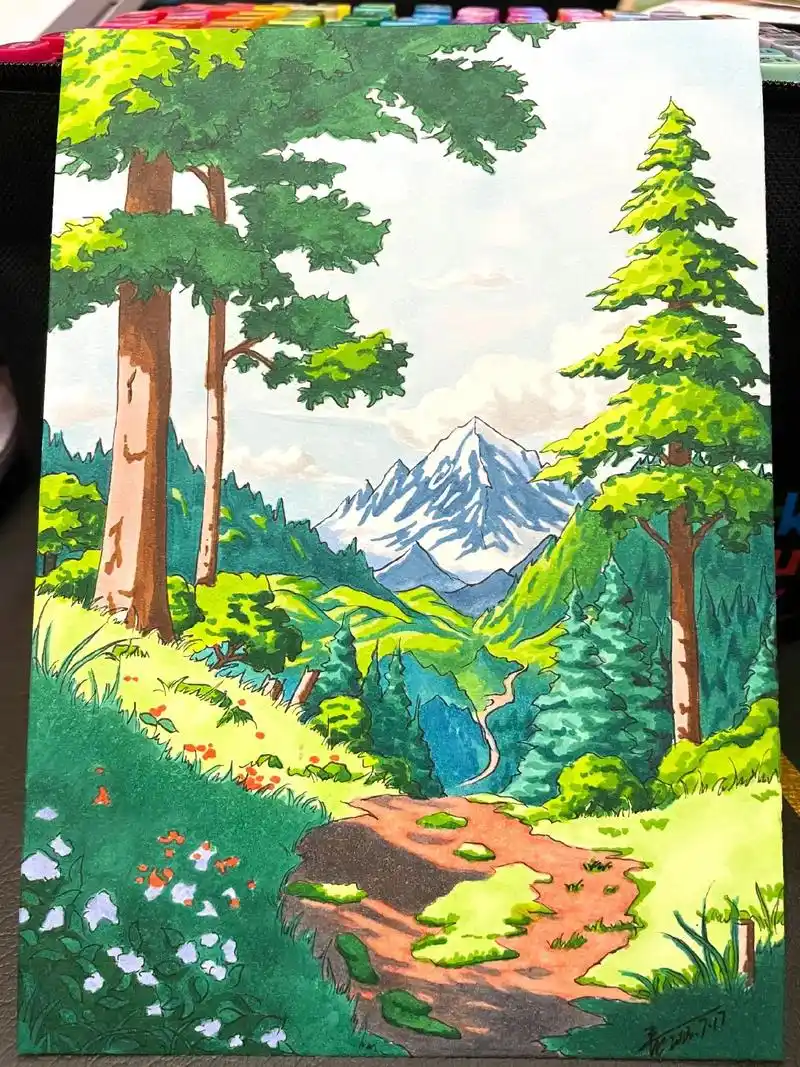 手绘风景画,附线稿 色号.马克笔手绘,又干了三个晚上,交作业 - 抖音