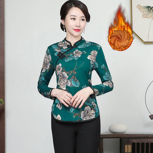 亦贵妈妈秋冬装加绒加厚旗袍短款打底衫中老年人女装新款洋气保暖上衣