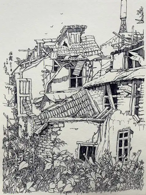 速写风景古老山村