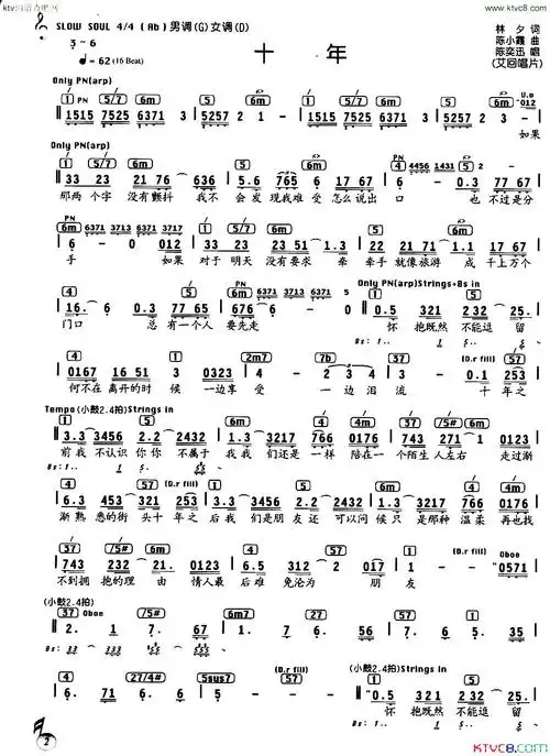 《十年》,原创歌曲简谱,通俗歌曲,国语歌曲谱 - 歌曲简谱 - 声乐谱