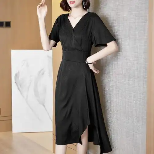 恒源祥2020夏纯色短袖v领套头中长裙真丝连衣裙79yx320101_唯品会