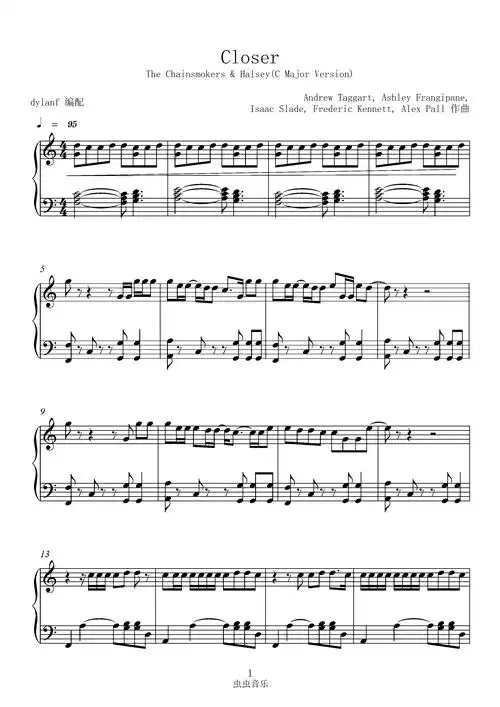 c调易弹closer 烟鬼the chainsmokers&halsey钢琴谱-虫虫钢琴