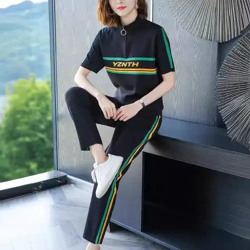 妈妈装年轻夏季短袖冰丝针织运动服休闲套装女减龄洋气时尚两件套