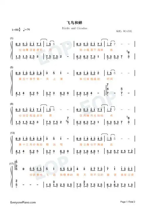 蝉-你骄傲的飞远我栖息的夏天-抖音热歌-钢琴谱文件(五线谱,双手简谱