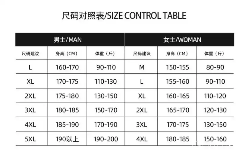 男装185尺码对照表