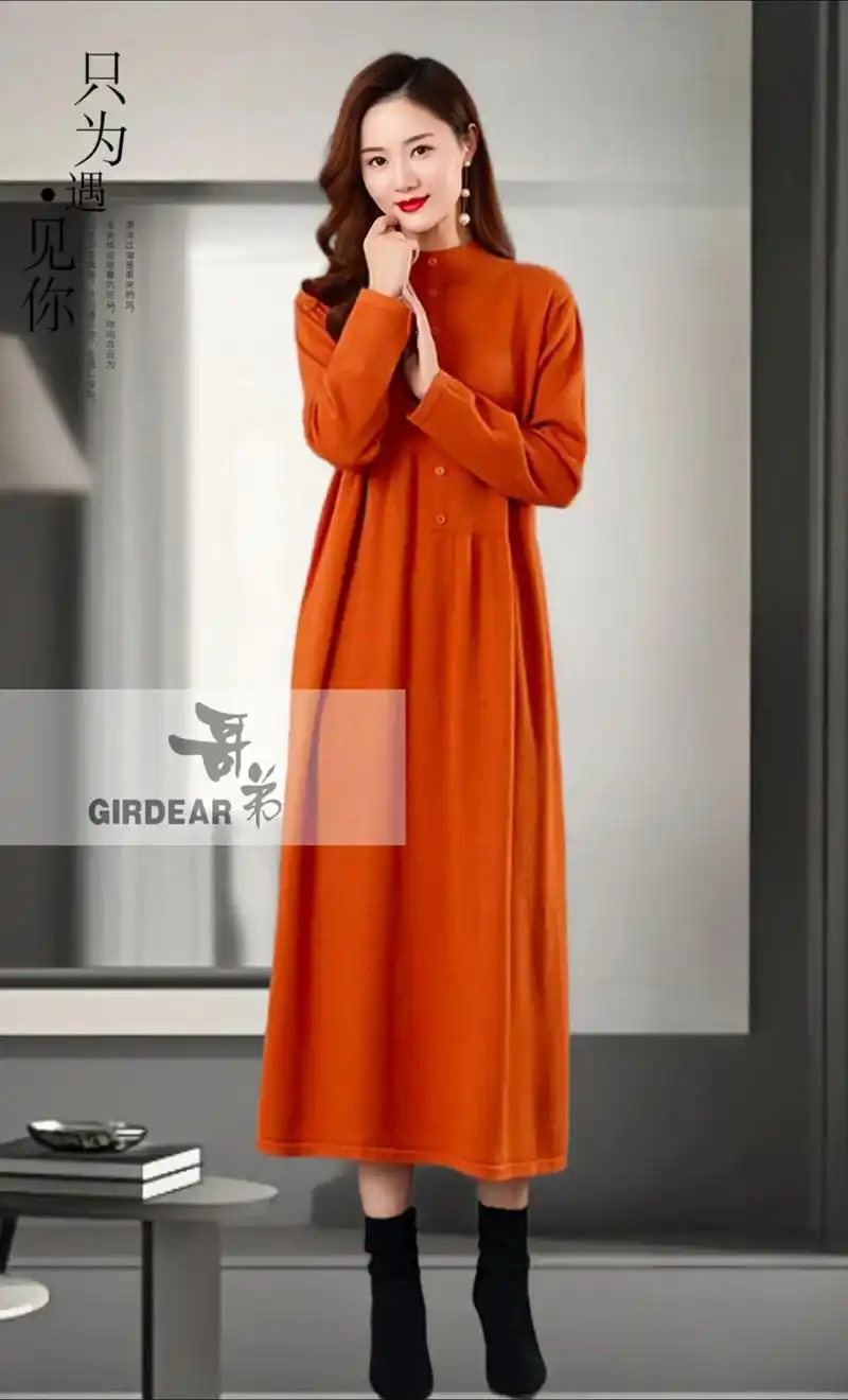 哥弟品牌名牌打折秋冬季高档气质针织长袖羊毛连衣裙大码时尚女装