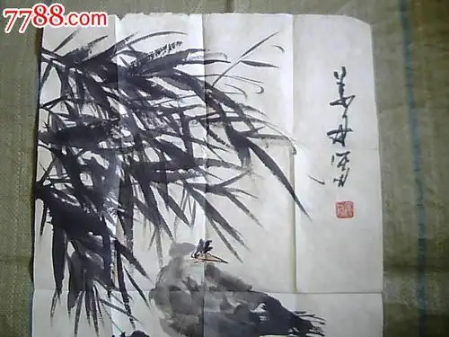 姜舟:竹下鸟石,花鸟国画原作,禽鸟画原画,水墨/写意画法,年代不详,二