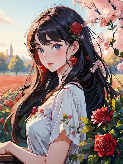 玫瑰花田里的青春少女