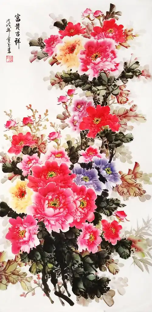 纯手绘真迹特价牡丹画国画花鸟画 四尺竖幅写意牡丹花开富贵w1703