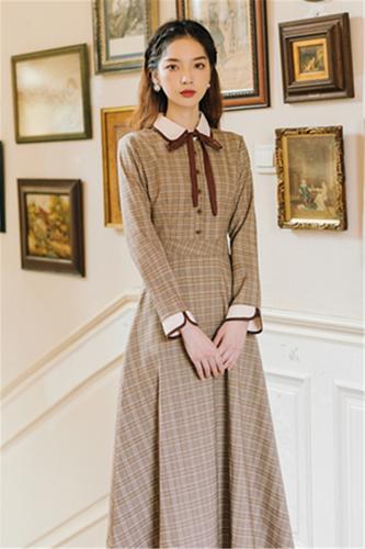 yibusheng复古风女装英伦风学生格子裙名媛小洋装连衣裙长裙学院风