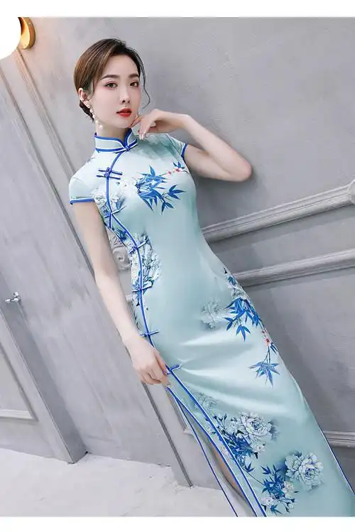 c0218旗袍裙2020春夏淡雅旗袍仿丝长款时尚女装走秀旗袍连衣裙