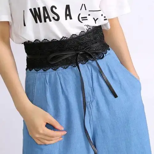 女士新品连衣裙宽腰封腰带蕾丝花边装饰时尚束腰黑色女腰带宽绿色