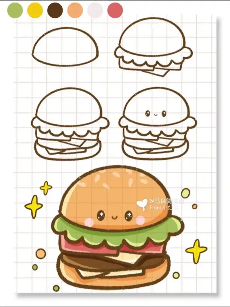 简笔画|零基础可爱汉堡手绘教程美食系列 现在对生活的要求很简单