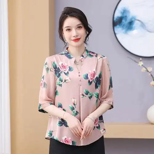 恒源祥妈妈夏装新款洋气真丝上衣中老年女装桑蚕丝大码小衫玫瑰花