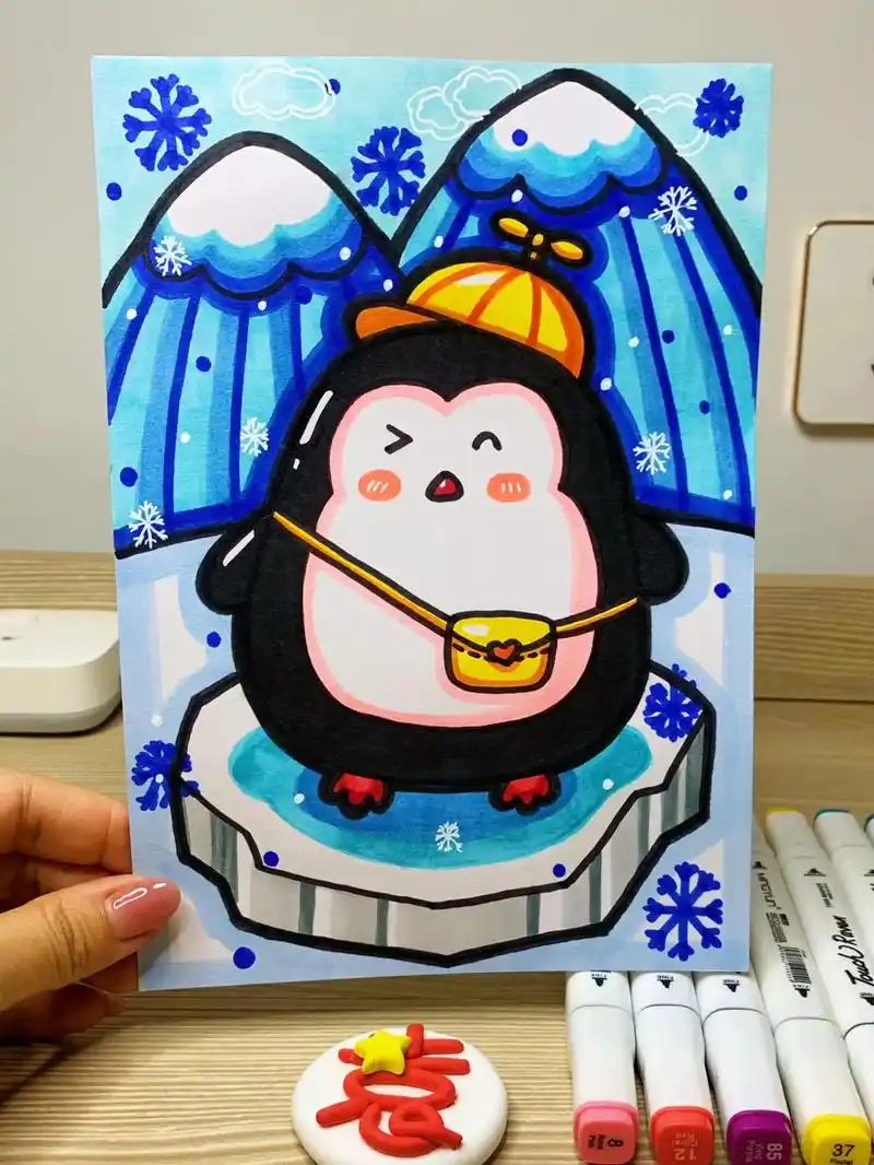【小企鹅】图片马克笔手绘卡通儿童画附色号.#画画 #一起学画 - 抖音